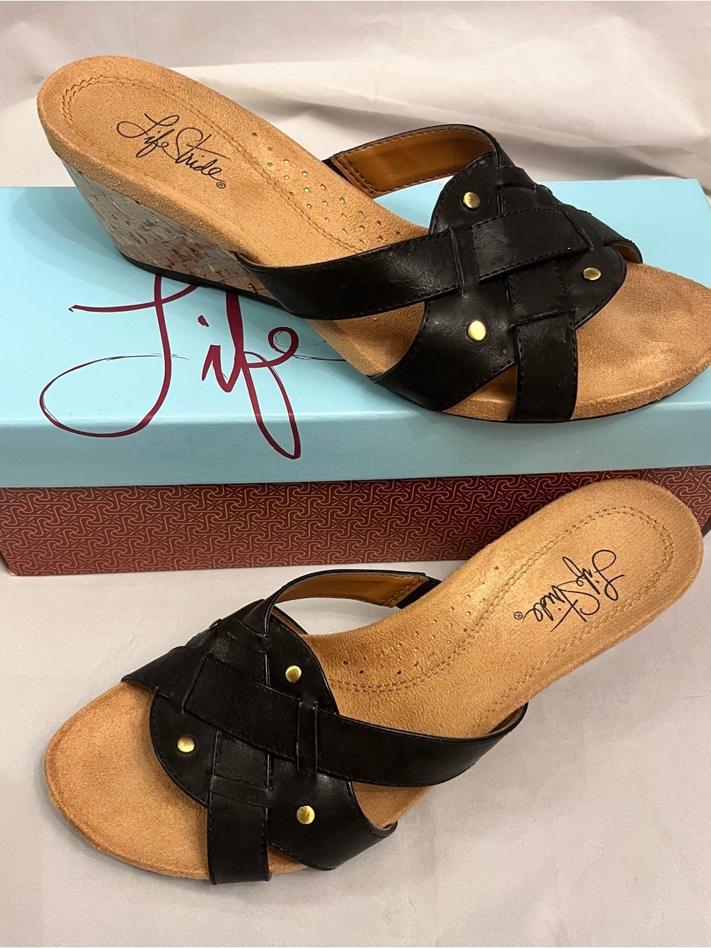 Life Stride Black Woven Leather Wedge Slide Sandals